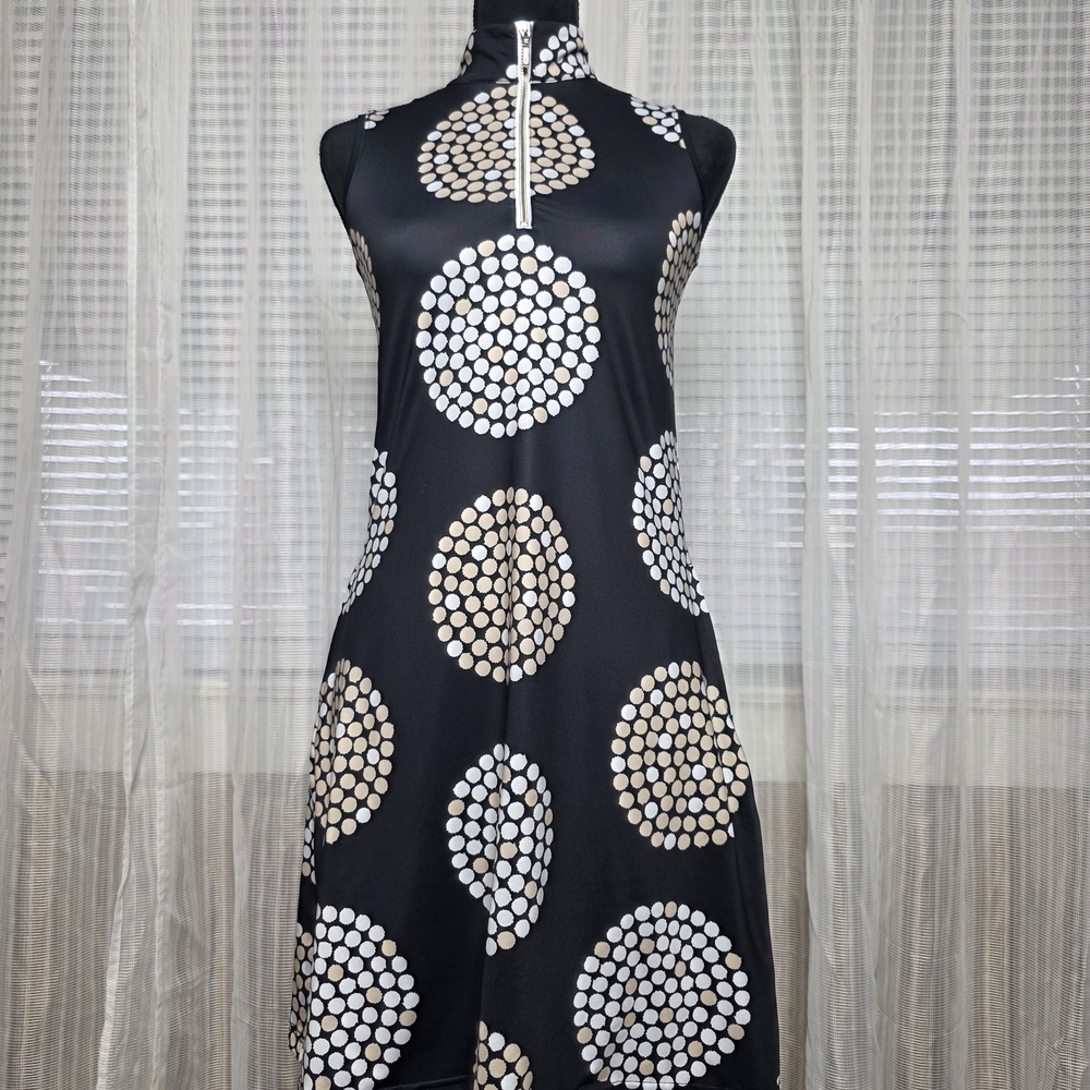 Ana Clare Sleeveless Black Mini Dress with Beige and White Polka Dot Print